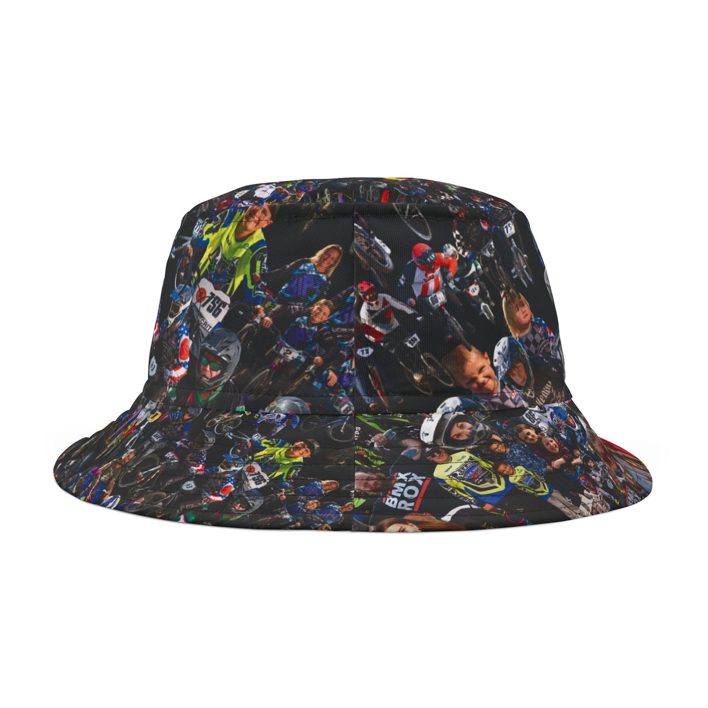 BMX Rox All-Over-Print Bucket Hat — Bold Yellow Logo, BMX Racing Crowd Design