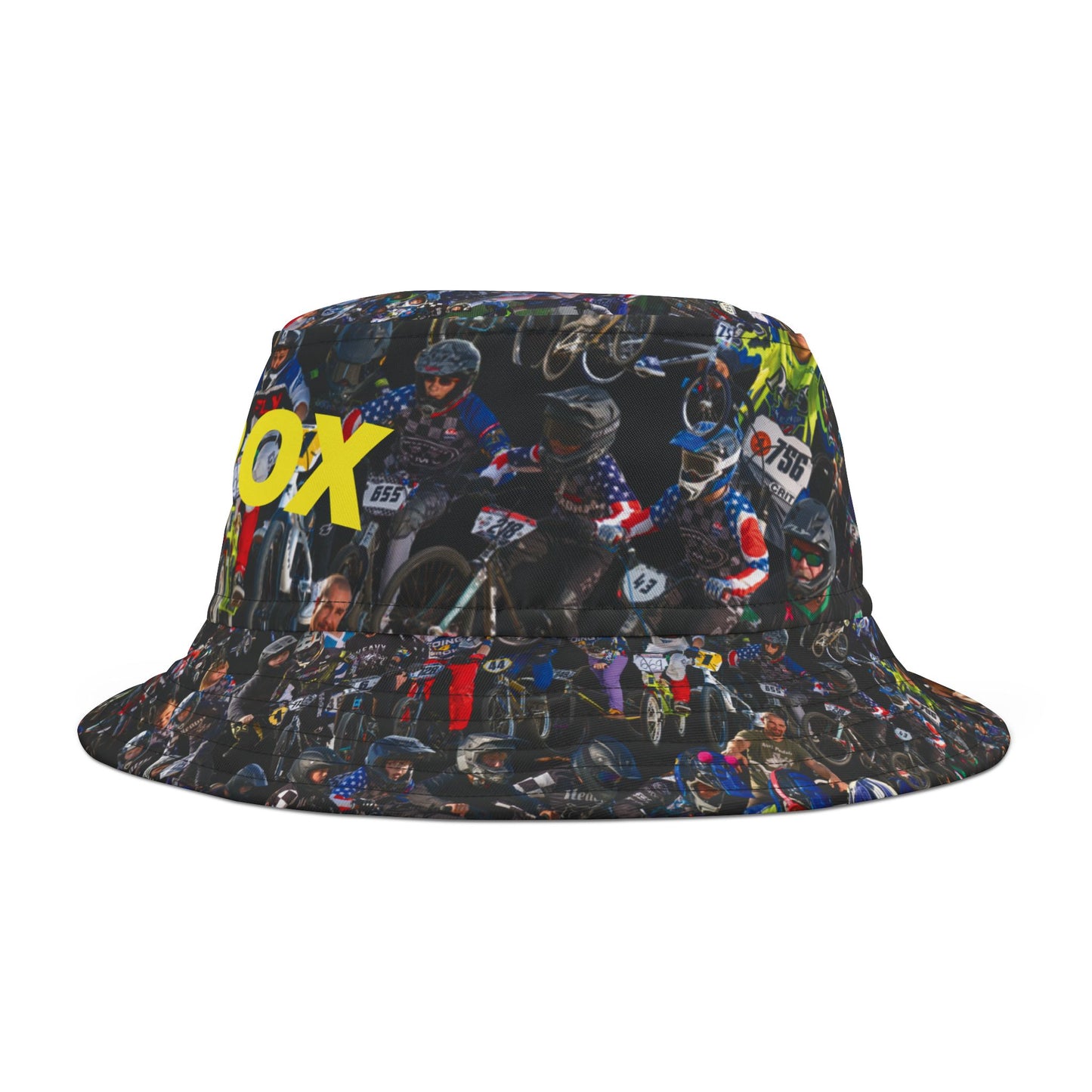 BMX Rox All-Over-Print Bucket Hat — Bold Yellow Logo, BMX Racing Crowd Design