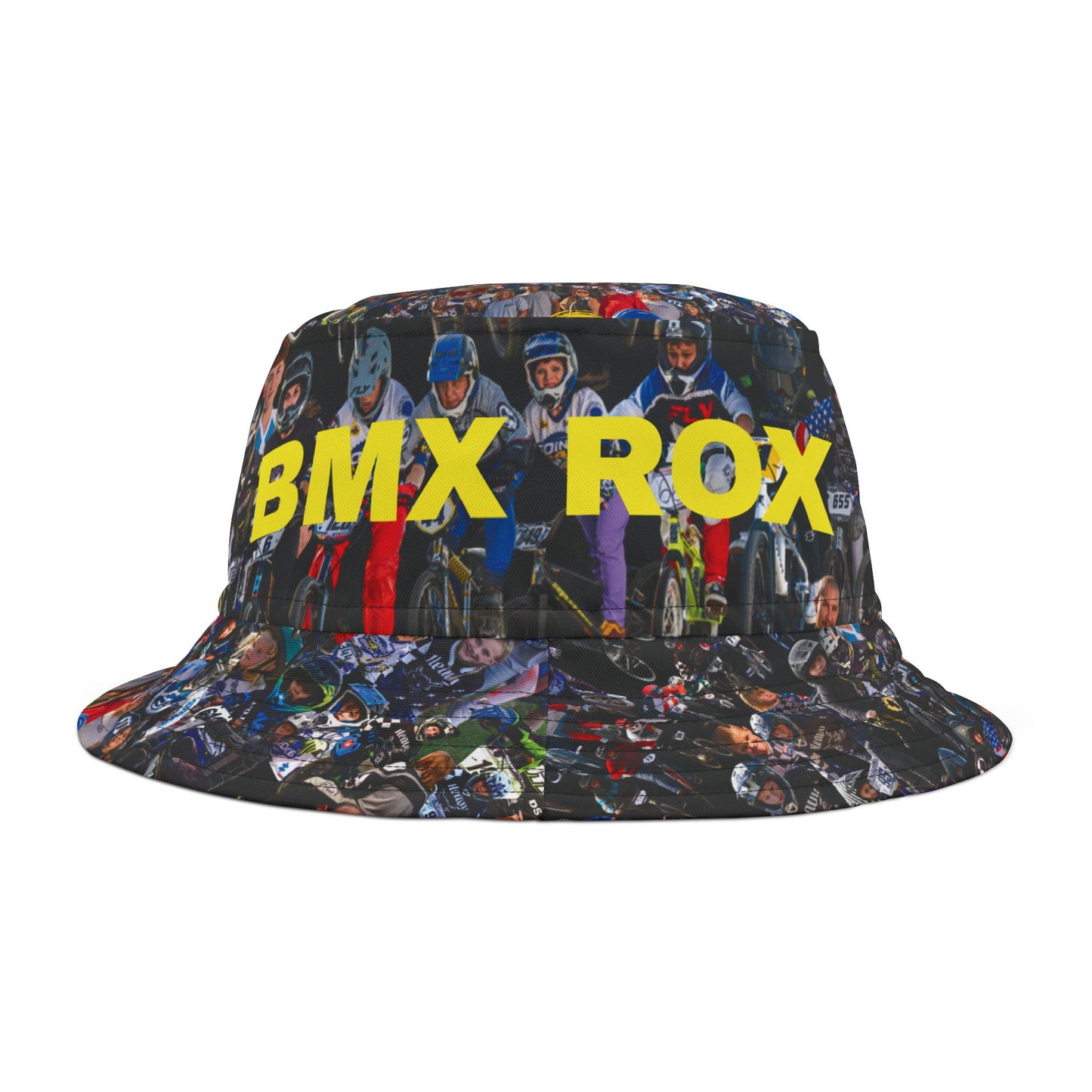 BMX Rox All-Over-Print Bucket Hat — Bold Yellow Logo, BMX Racing Crowd Design