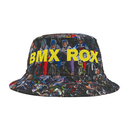 BMX Rox All-Over-Print Bucket Hat — Bold Yellow Logo, BMX Racing Crowd Design