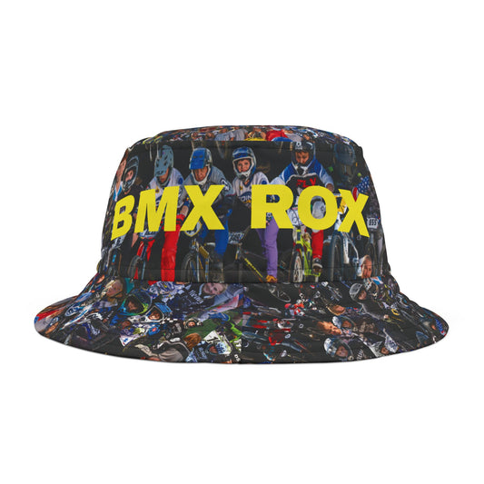 BMX Rox All-Over-Print Bucket Hat — Bold Yellow Logo, BMX Racing Crowd Design