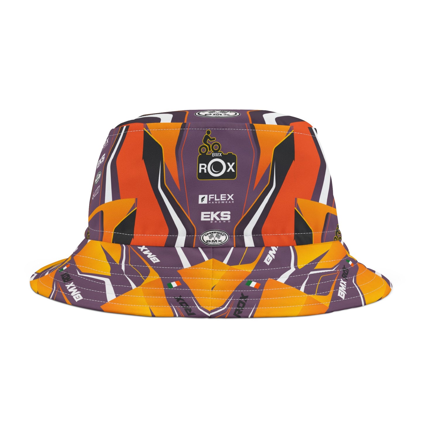 Bold Geometric Racing Bucket Hat — Orange & Purple All-Over Print